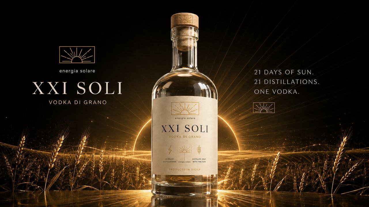 XXI SOLI GRANO — bouteille de vodka sicilienne dans une lumière dorée de blé
